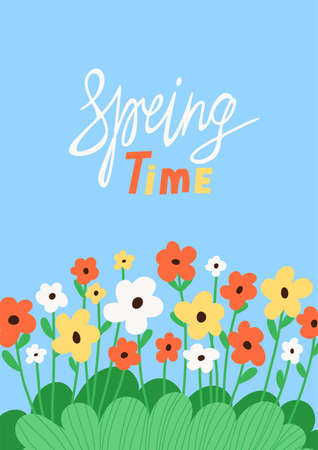 Spring illustration with colorful flower bed. Lettering Spring time. Design concept of the arrival of spring. Colorful template for posters, postcards. Vectorのイラスト素材