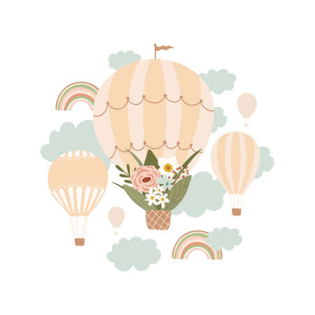 Illustration with balloons, rainbows, a bouquet of flowers, clouds. Cute composition in pastel colors. The concept of spring, joy. Poster for children's rooms, print for clothes, postcards. Vectorのイラスト素材