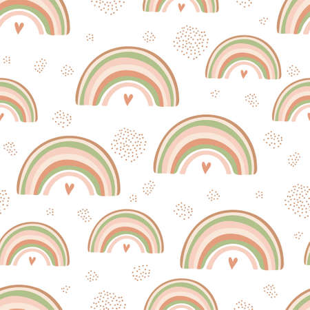 Kids seamless pattern with rainbow, heart in pastel colors. Cute texture for kids room design, Wallpaper, textiles, wrapping paper, apparel. Vector illustrationのイラスト素材