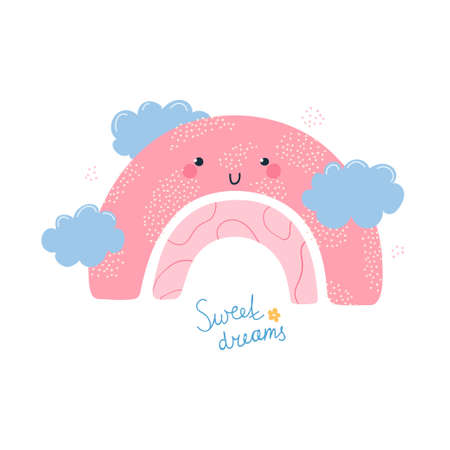 Cute composition with pink rainbow in the clouds and lettering Sweet dreams. Rainbow poster for children's room, clothing, textiles in hand drawn style. Vector illustrationのイラスト素材