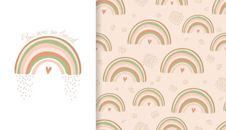 Set cute poster and seamless pattern with rainbow, heart. Collection in hand drawn style in pastel colors for kids clothing, textiles, children's room design. Vector illustrationのイラスト素材