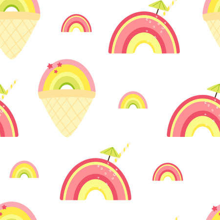 Seamless pattern with cute summer rainbow and ice cream, cocktail. Background for Wallpaper, fabric,...