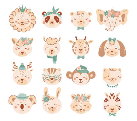 Set with faces cute animals in pastel colors for children. Collection animal characters with flowers in flat style. Illustration with cat, dog, lion, panda, bear isolated on white background. Vectorのイラスト素材