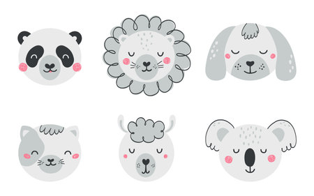 Set of cute animal faces in flat style. Collection of characters lion, cat, dog, panda, llama, koala. Black and white illustration isolated on white background. Vectorのイラスト素材
