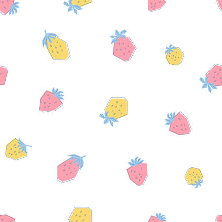 Seamless pattern with fresh pink and yellow strawberries. Print in flat style with summer berries on white background. Illustration for kids, clothes, textiles, wallpaper. Vectorのイラスト素材