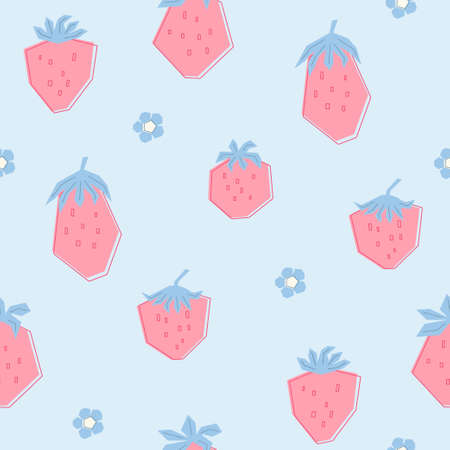 Seamless pattern with little colorful strawberries and cute flowers. Blue background with pink summer berries. Illustration in flat style for kids of clothing, textiles, wallpaper. Vectorのイラスト素材