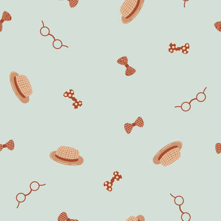 Seamless pattern with stylish glasses, hat, bow tie. Background is blue in flat style. Illustration for kids. Design for wallpaper, fabric, textiles, wrapping paper. Vectorのイラスト素材