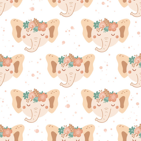 Seamless pattern with cute elephan and bouquet pink and blue flowers. Background with wild animals in flat style. Illustration for kids. Design for wallpaper, fabric, textiles, wrapping paper. Vectorのイラスト素材