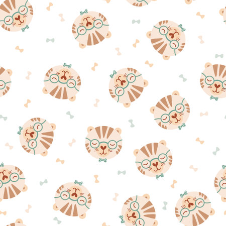 Seamless pattern with cute tiger in glasses and bow tie. Background with wild animals in flat style. Illustration for kids. Design for wallpaper, fabric, textiles, wrapping paper. Vectorのイラスト素材