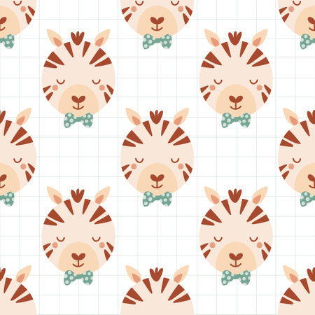 Seamless pattern with cute zebra in bow tie. Background with wild animals in flat style. Illustration for kids. Design for wallpaper, fabric, textiles, wrapping paper. Vectorのイラスト素材