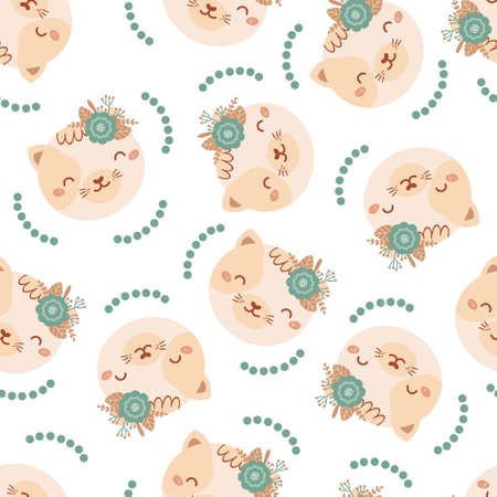 Seamless pattern with cute cat and bouquet blue flowers. Background with wild animals in flat style. Illustration for kids. Design for wallpaper, fabric, textiles, wrapping paper. Vectorのイラスト素材