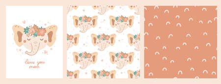 Set cute poster and seamless pattern with elephant face and poster with lettering Love your mom. Collection with animal flowers of flat style for children's clothing, textiles. Vector Illustrationのイラスト素材
