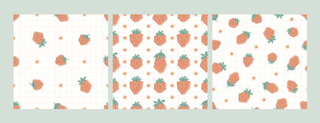 Set patterns with big and small strawberries in pastel colors. Background with summer berries. Illustration in flat style for kids of clothing, textiles, wallpaper. Vectorのイラスト素材