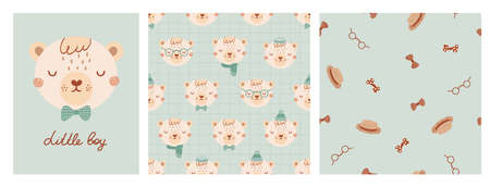 Set cute poster and seamless pattern with bear face and poster with lettering Little boy. Collection with animal of flat style for children clothing, textiles, wallpapers. Vector Illustrationのイラスト素材