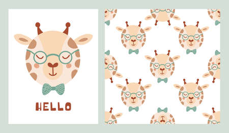 Set cute poster and seamless pattern with giraffe face wearing glasses and bow tie and lettering Hello. Collection with animal in flat style for children clothing, textiles. Vector Illustrationのイラスト素材