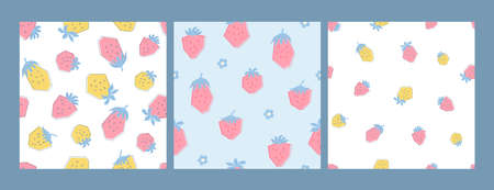 Set patterns with fresh yellow and pink strawberries in pastel colors. Background with summer berries. Illustration in flat style for kids clothing, textiles, wallpaper. Vectorのイラスト素材