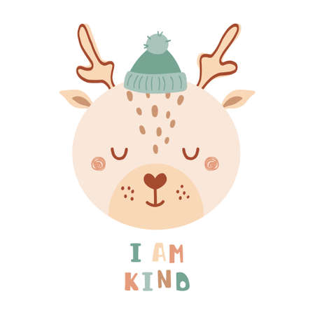 Cute poster with face wild deer in flat style for kids. Lettering I am kind. Illustration with animal in pastel colors. Print for children clothing and textiles. Vectorのイラスト素材