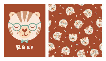 Set cute poster and seamless pattern with tiger face and poster with lettering Rrrr. Collection with animal of flat style for children clothing, textiles, wallpapers. Vector Illustrationのイラスト素材
