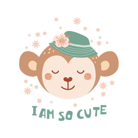 Cute poster with face wild monkey and in hat with flowers in flat style for kids. Lettering I am so cute. Illustration with animal in pastel colors. Print for children clothing and textiles. Vectorのイラスト素材