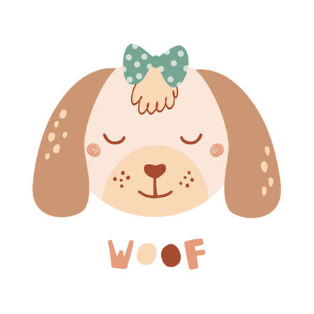Cute poster with face wild dog in flat style for kids. Lettering Woof. Illustration with animal in pastel colors. Print for children clothing and textiles. Vectorのイラスト素材