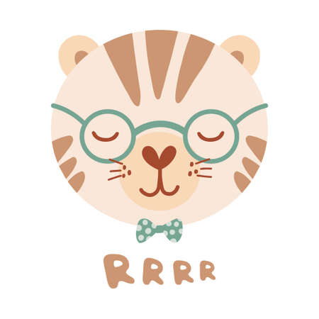 Cute poster with face wild tiger gentleman in flat style for kids. Lettering Rrrr. Illustration with animal in pastel colors. Print for children clothing and textiles. Vectorのイラスト素材