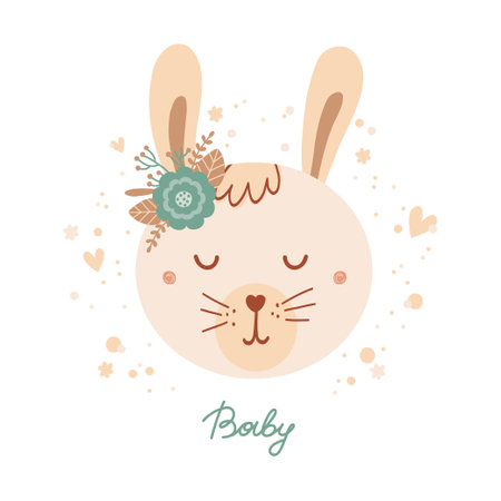 Cute poster with face wild rabbit and flowers in flat style for kids. Lettering Baby. Illustration with animal in pastel colors. Print for children clothing and textiles. Vectorのイラスト素材