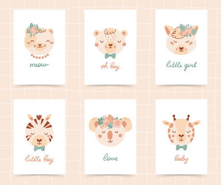 Set cute poster with the face of zebra, cat, bear, giraffe, fox, koala. A collection with animals flat style for children clothing, textiles, wallpapers. vector illustrationのイラスト素材