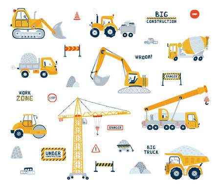 Set construction vehicle isolated on white background. Illustration with yellow cars dump truck, building crane, road roller. Kids cars for design of children's rooms, clothing, textiles. Vectorのイラスト素材