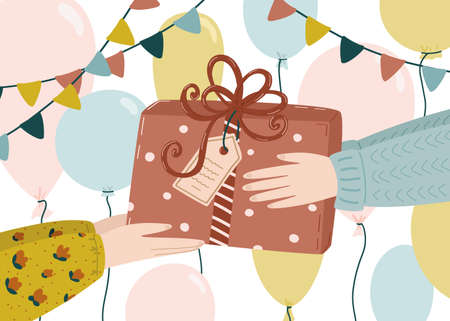 Festive background with gift box in hand blue, pink and yellow balloons, garlands. Concept of holiday, congratulations. Cute happy birthday illustration in flat style. Vectorのイラスト素材