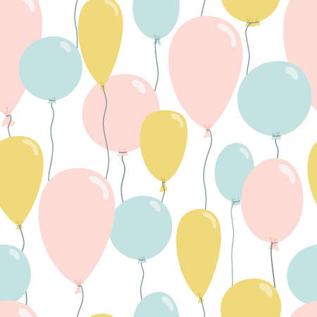Cute seamless pattern with blue, yellow and pink balloons. Illustration of holiday in flat style for wallpaper, textiles, fabric. Vectorのイラスト素材
