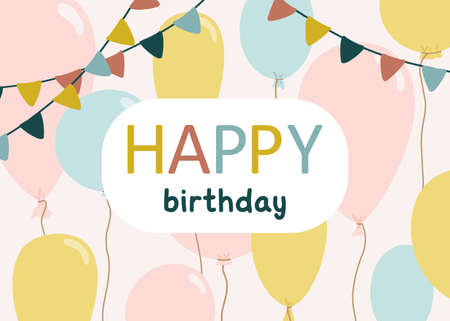 Festive template with blue, pink and yellow balloons and flags. Background with space for your text. Cute illustration of the holiday. vectorのイラスト素材