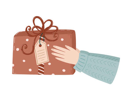Illustration with red gift box in the hands isolated on white background. Red gift wrapping in flat style. Vectorのイラスト素材
