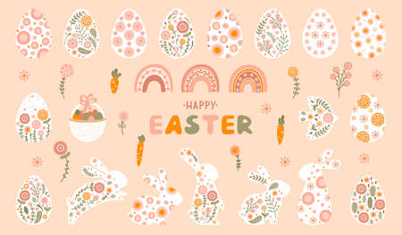 Set easter eggs and rabbits in pastel colors. Illustrations with spring flowers, rainbow, bunny, carrot, bird and lettering Happy Easter. vectorのイラスト素材