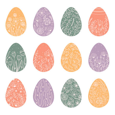 Set silhouettes Easter eggs with spring flowers, leaves and branches. Illustration colorful and minimalistic Easter eggs. vectorのイラスト素材