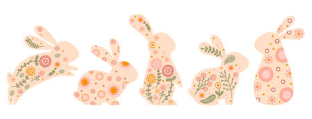 Set easter rabbit in pastel colors. Illustrations with silhouettes of bunnies, flowers and abstract pattern. vectorのイラスト素材