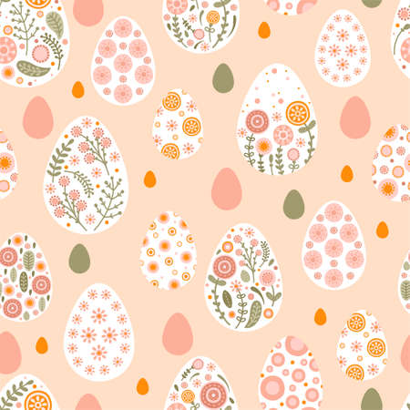 Seamless pattern silhouette Easter eggs and flowers in flat style. Illustration colorful spring eggs in folklore style for Wallpaper, fabric, textile, wrapping paper design. vectorのイラスト素材