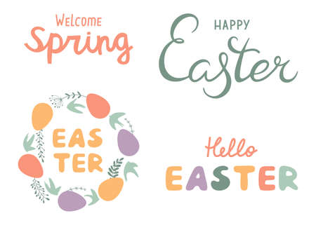 Set cute Easter lettering in pastel colors. Illustration with text Happy Easter, Welcome spring and Hello Easter in flat style. vectorのイラスト素材