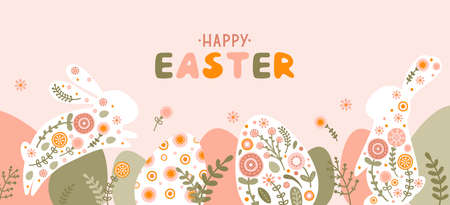 Template with silhouette Easter egg, rabbit and flowers in pastel colors. Illustration folklore spring eggs and hare in flat style and space for your text. Vectorのイラスト素材