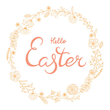 Hand drawing lettering Happy Easter in pastel colors. Illustration holidays design with text and spring flowers isolated on white background. vectorのイラスト素材
