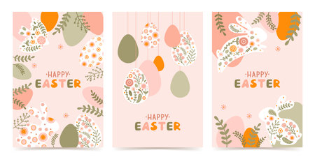 Set postcard template with a silhouette of Easter eggs, rabbit and flowers in flat style. Illustration spring hare and eggs in pastel colors and space for your text. vectorのイラスト素材
