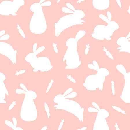 Seamless pattern with Easter rabbit and carrot in delicate pastel colors on pink background. Minimalistic illustration rabbit in flat style for fabric, wallpaper and textiles. vectorのイラスト素材
