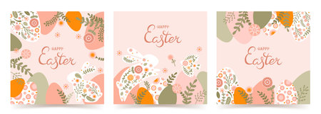 Set poster template with a silhouette of Easter eggs, rabbit and flowers in flat style. Illustration spring hare and eggs in pastel colors and space for your text. Vectorのイラスト素材
