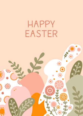 Postcard template with silhouette of Easter eggs, rabbit and flowers in gentle pastel colors. Illustration spring hare and eggs in flat style with space for your text. vectorのイラスト素材