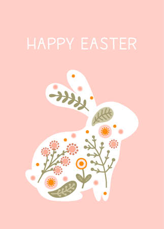 Postcard template with silhouette of Easter rabbit and flowers in gentle pastel colors. Illustration spring bunny in gentle pastel colors with space for your text. vectorのイラスト素材