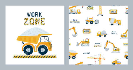 Set seamless patterns and print elements construction vehicles. Illustrations with yellow dump truck, crane, tractor and bulldozer for kid. vectorのイラスト素材