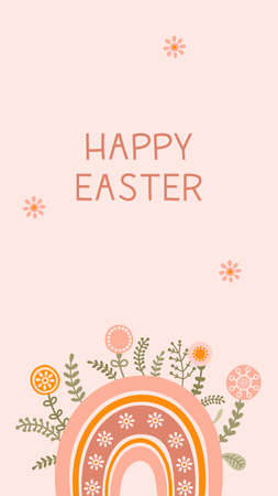 Social media template with rainbow and flowers in gentle pastel colors for easter. Illustration...