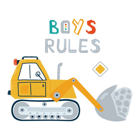 Print with cute construction vehicle in pastel colors with lettering Boys rules. Illustration yellow...