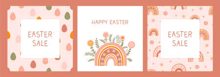 Set sale template with a silhouette holiday Easter eggs and flowers in flat style. Illustration easter eggs in pastel colors and space for your text. vectorのイラスト素材