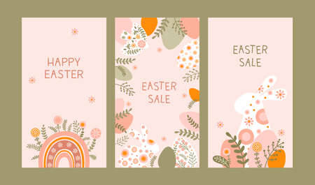 Set social mediatemplate with a silhouette Easter eggs, rabbit, rainbow and flowers in flat style. Illustration holiday easter bunny and eggs in pastel colors and space for your text. vectorのイラスト素材