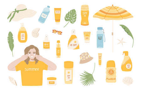 Set products with SPF. Collection with sunscreen, spray, umbrella, glasses and a woman smears her...